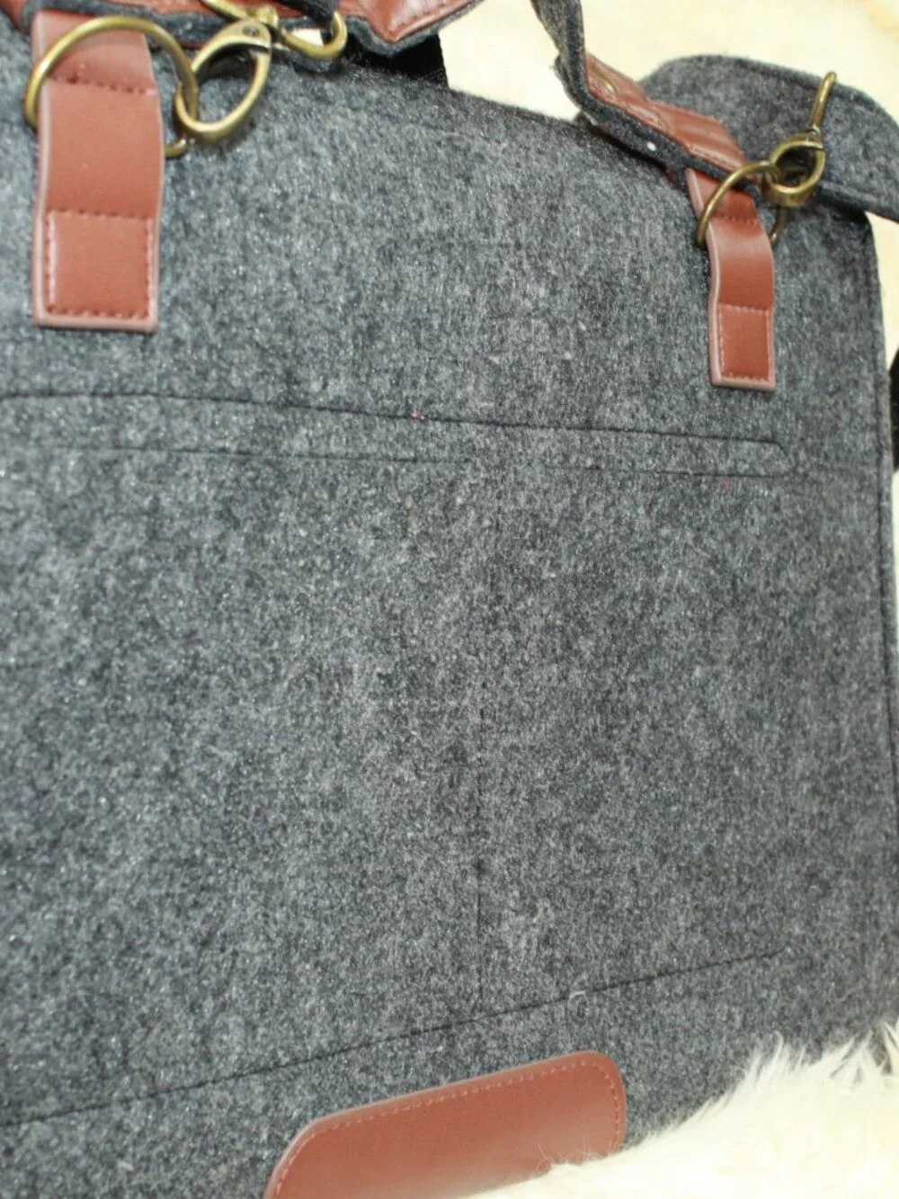 Mosiso Dark Grey Flannel Faux Leather Felt Lined Adj Shoulder Strap Laptop Bag